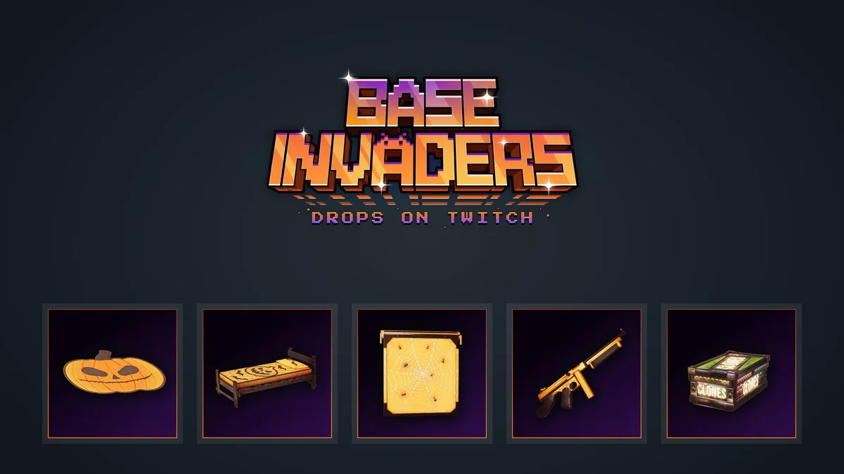 Логотип раунда Base Invaders и пять общих дропсов Rust